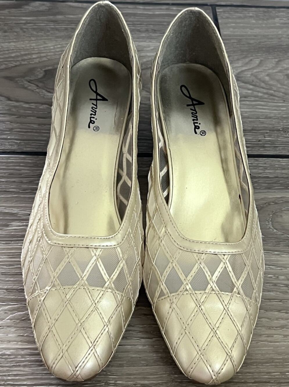 Annie Vintage 90s Gold Lattice Mesh Dress Pumps Block Heel Shoes Womens 9 Wide